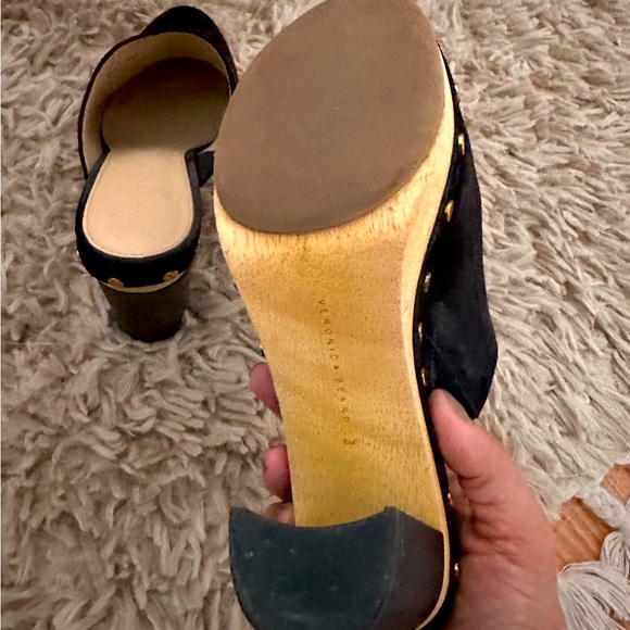 Veronica Beard Grita Clogs, Black crafted in velvety suede & goldtone studs. - Picture 3 of 4